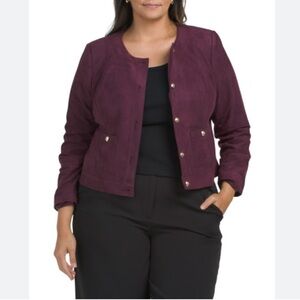 NWT Tahari ASL Women's Plus 20W Plum Faux Suede Collarless Button-Front Jacket